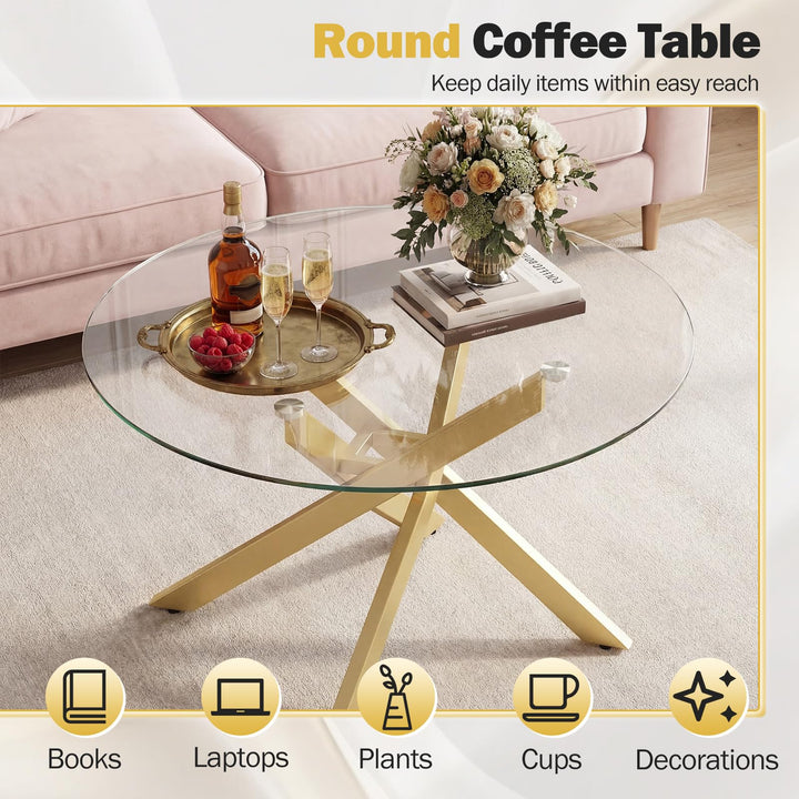 Giantex 31.5" Round Glass Coffee Table with Tempered Glass Top &amp; Geometric Metal Frame