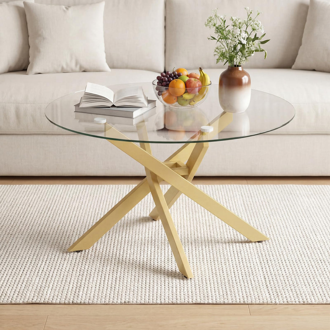 Giantex 31.5" Round Glass Coffee Table with Tempered Glass Top &amp; Geometric Metal Frame