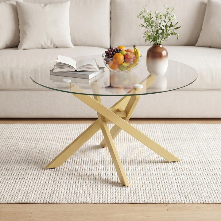 Giantex 31.5" Round Glass Coffee Table with Tempered Glass Top &amp; Geometric Metal Frame