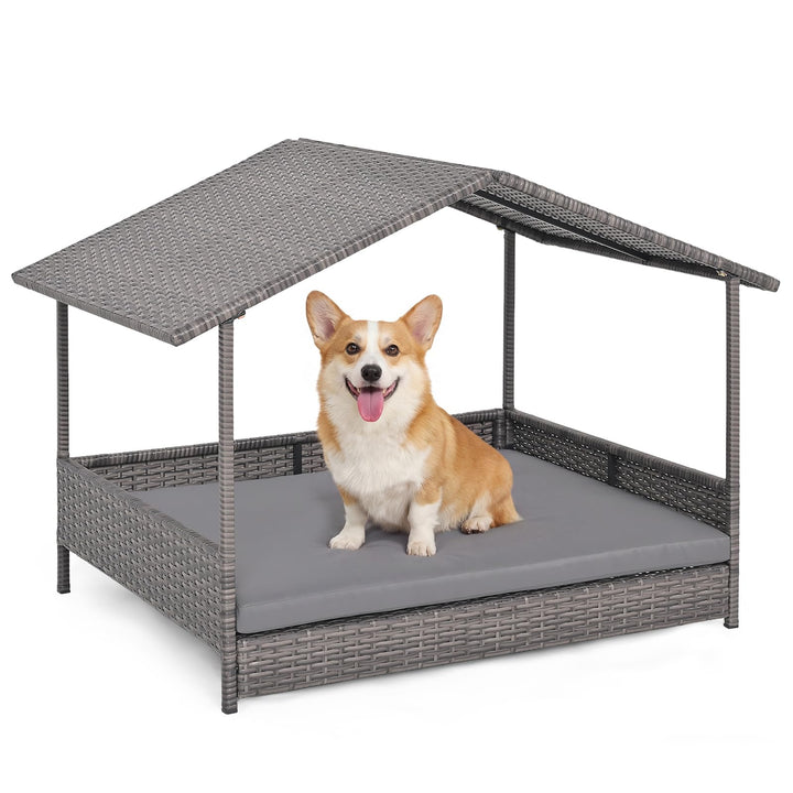 Giantex Outdoor Wicker Dog House with Roof Canopy &amp; Washable Cushion