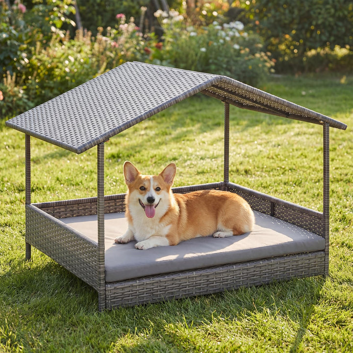 Giantex Outdoor Wicker Dog House with Roof Canopy &amp; Washable Cushion