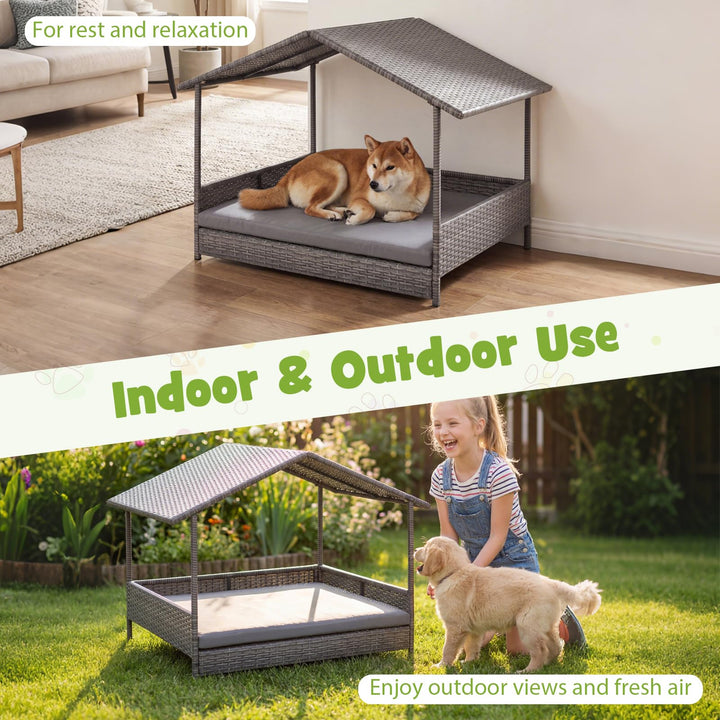 Giantex Outdoor Wicker Dog House with Roof Canopy &amp; Washable Cushion