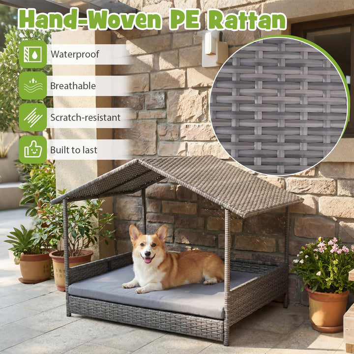 Giantex Outdoor Wicker Dog House with Roof Canopy &amp; Washable Cushion