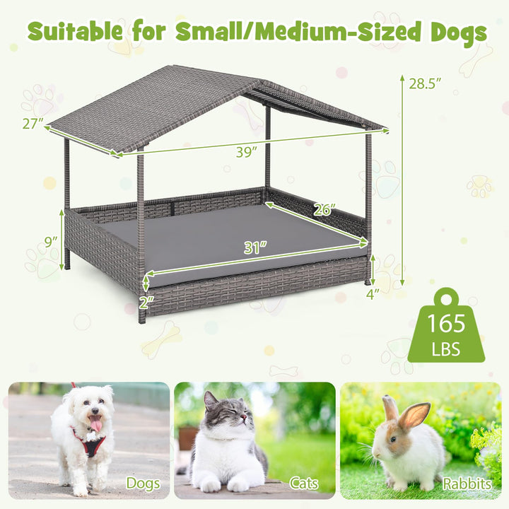 Giantex Outdoor Wicker Dog House with Roof Canopy &amp; Washable Cushion