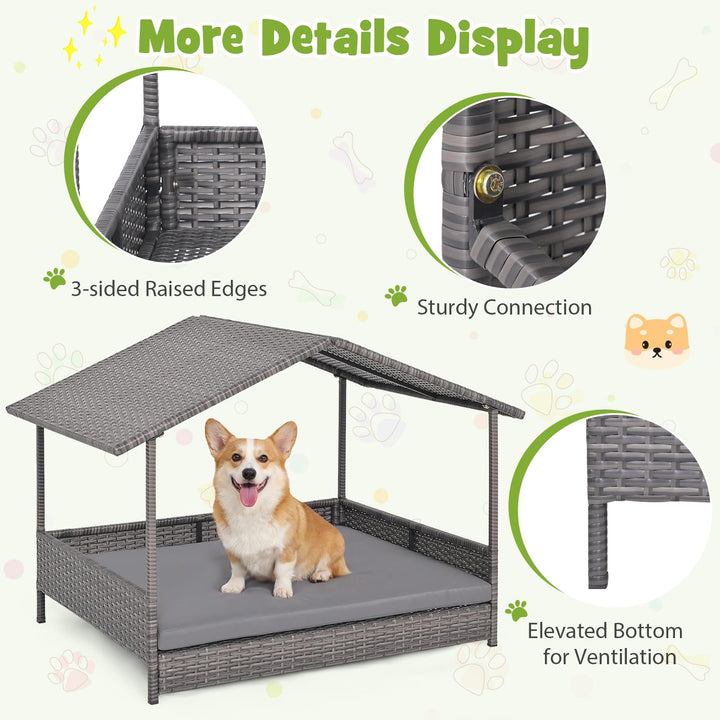 Giantex Outdoor Wicker Dog House with Roof Canopy &amp; Washable Cushion
