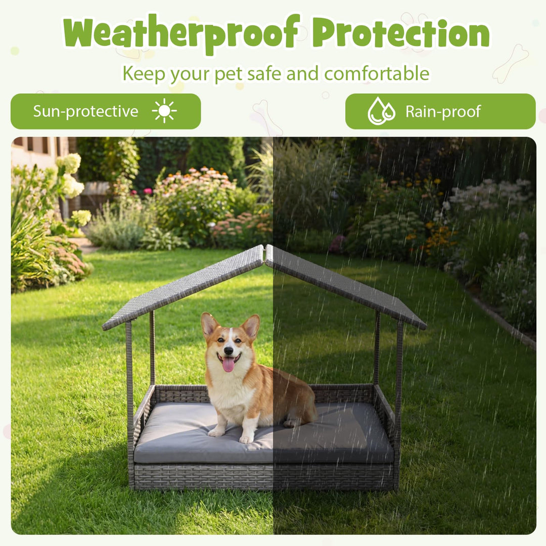 Giantex Outdoor Wicker Dog House with Roof Canopy &amp; Washable Cushion