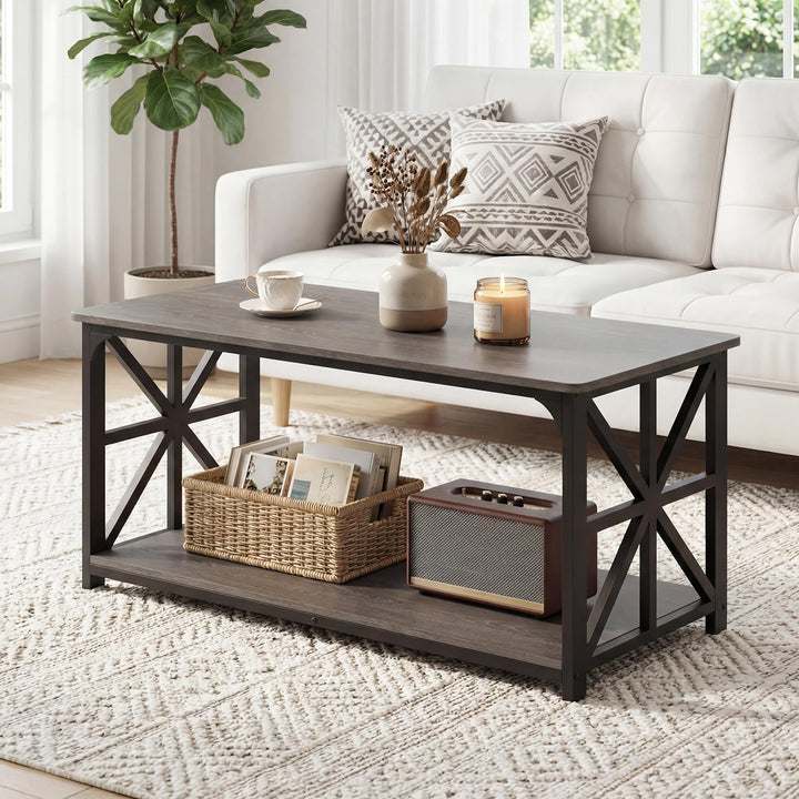 Giantex 43" Farmhouse Coffee Table with Storage &amp; X-Shaped Frames