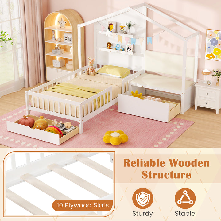 Giantex Twin House Bed for Kids, Wooden Kids Twin Bed Frame with Padded Bench