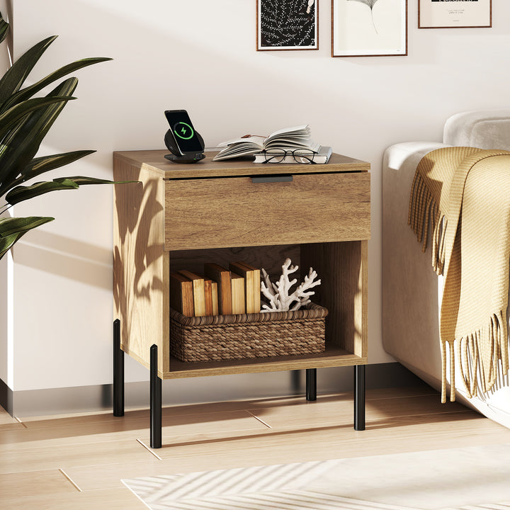 Giantex Mid Century Modern Nightstand with Charging Station