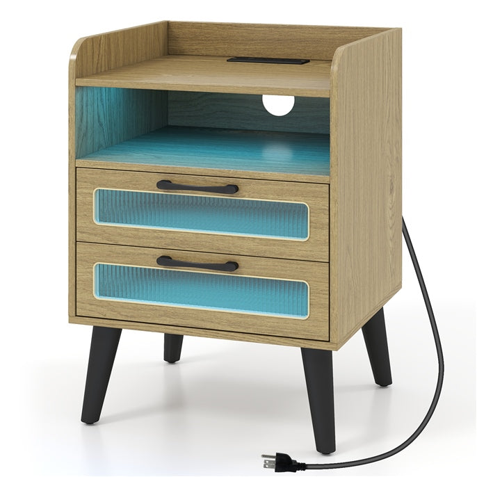 GIANTEX Fluted Nightstand with Charging Station &amp; LED Lights