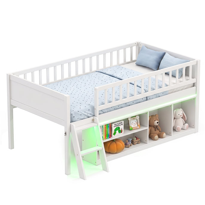 GIANTEX Low Loft Bed Twin Size with LED Lights