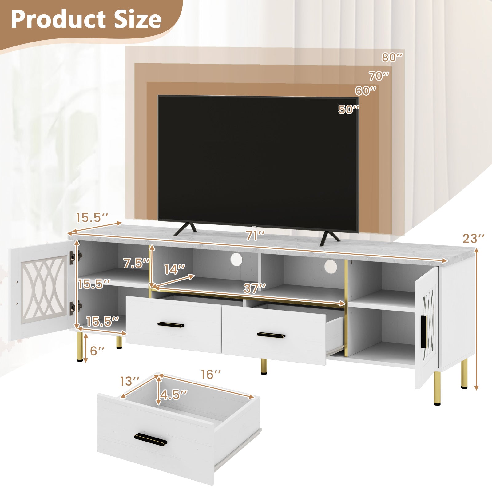 Giantex TV Stand for TV up to 80", 71-Inch Modern Entertainment Center with Glass Doors & 2 Storage Drawers