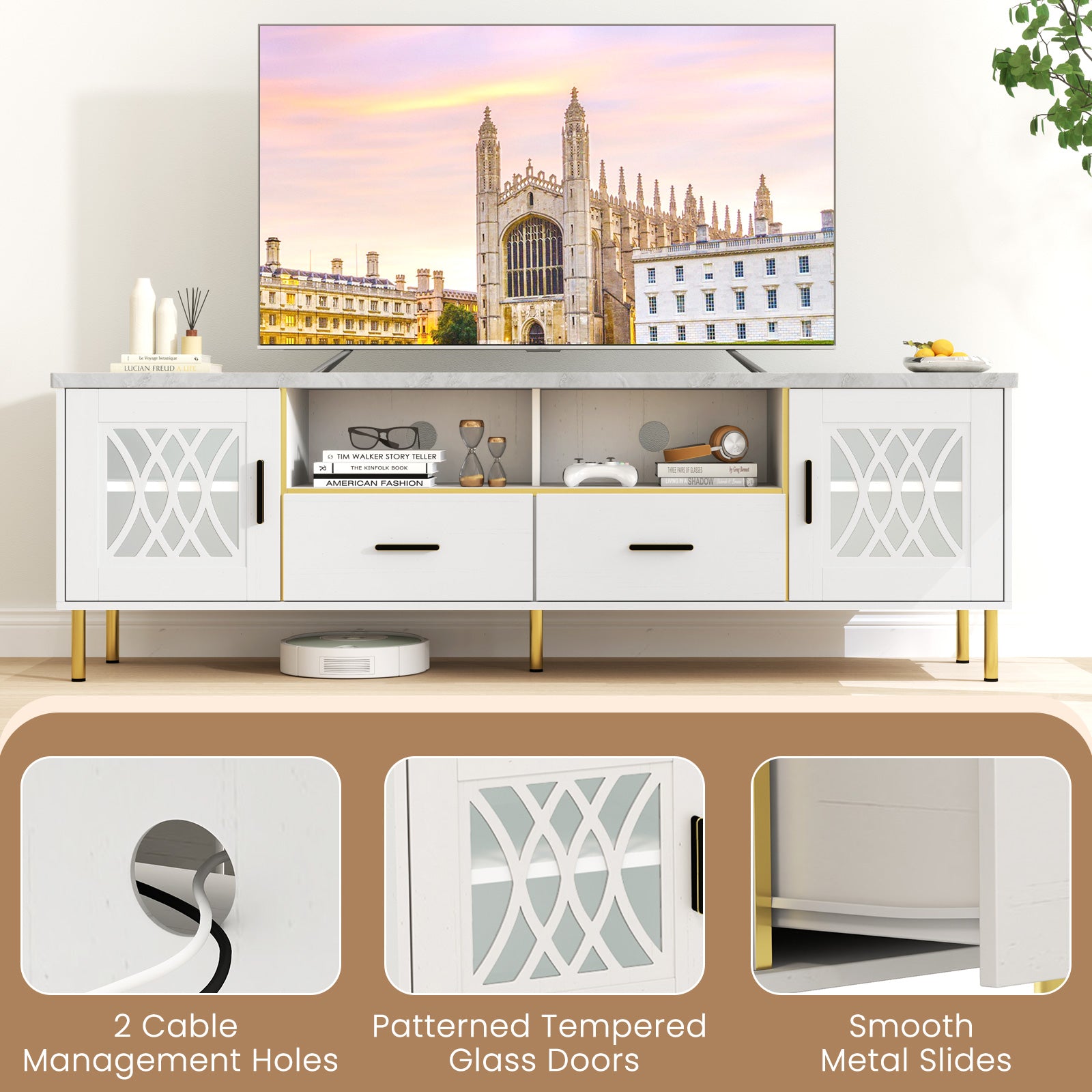 Giantex TV Stand for TV up to 80", 71-Inch Modern Entertainment Center with Glass Doors & 2 Storage Drawers