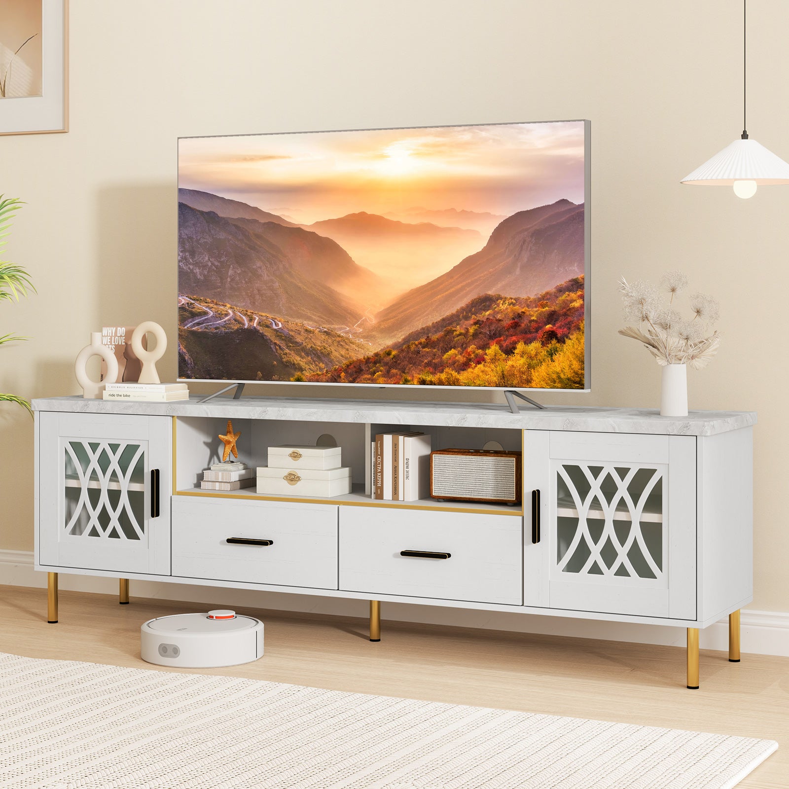 Giantex TV Stand for TV up to 80", 71-Inch Modern Entertainment Center with Glass Doors & 2 Storage Drawers