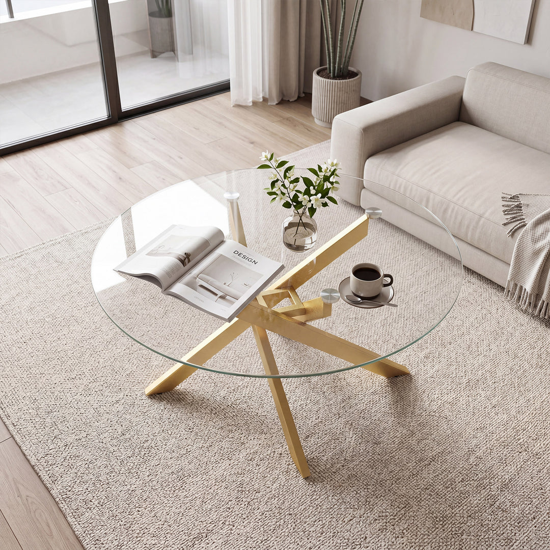 Giantex 31.5" Round Glass Coffee Table with Tempered Glass Top &amp; Geometric Metal Frame