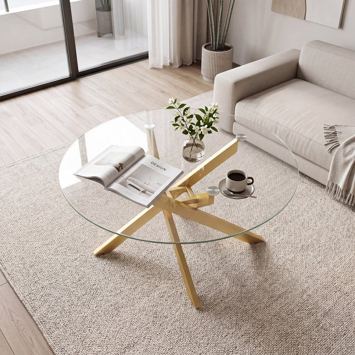 Giantex 31.5" Round Glass Coffee Table with Tempered Glass Top &amp; Geometric Metal Frame