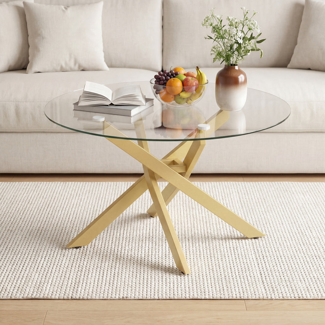 Giantex 31.5" Round Glass Coffee Table with Tempered Glass Top &amp; Geometric Metal Frame