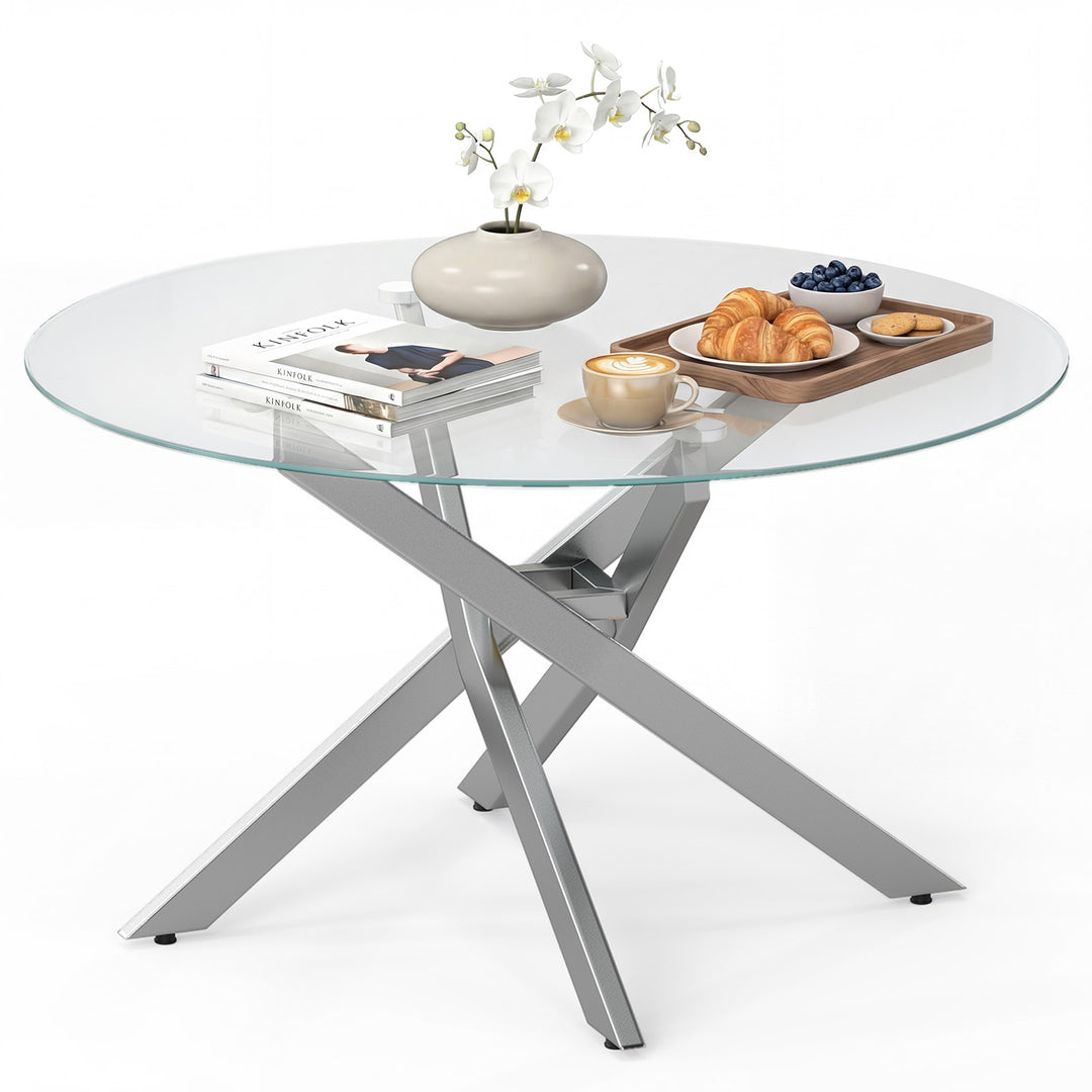 Giantex 31.5" Round Glass Coffee Table with Tempered Glass Top &amp; Geometric Metal Frame