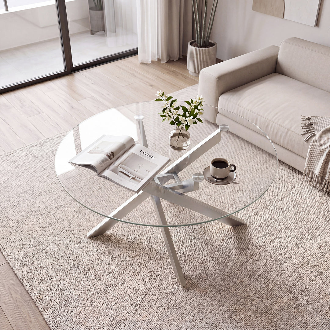 Giantex 31.5" Round Glass Coffee Table with Tempered Glass Top &amp; Geometric Metal Frame