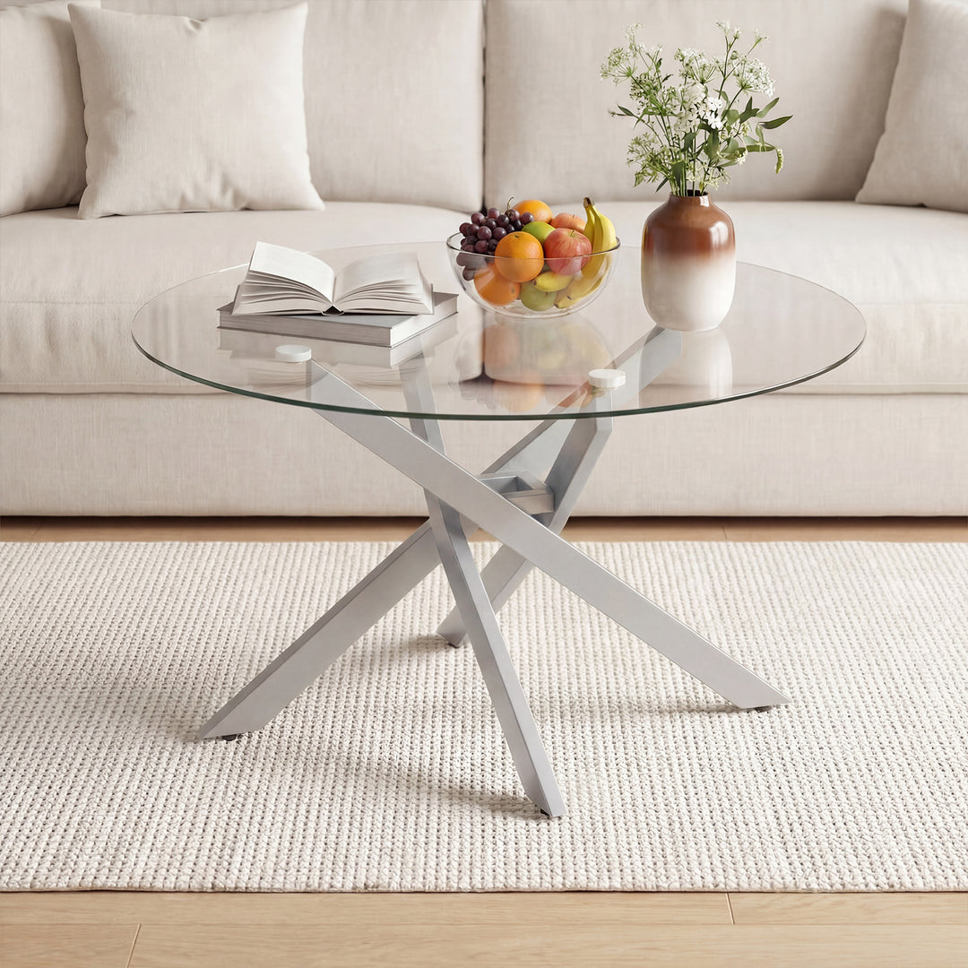 Giantex 31.5" Round Glass Coffee Table with Tempered Glass Top &amp; Geometric Metal Frame