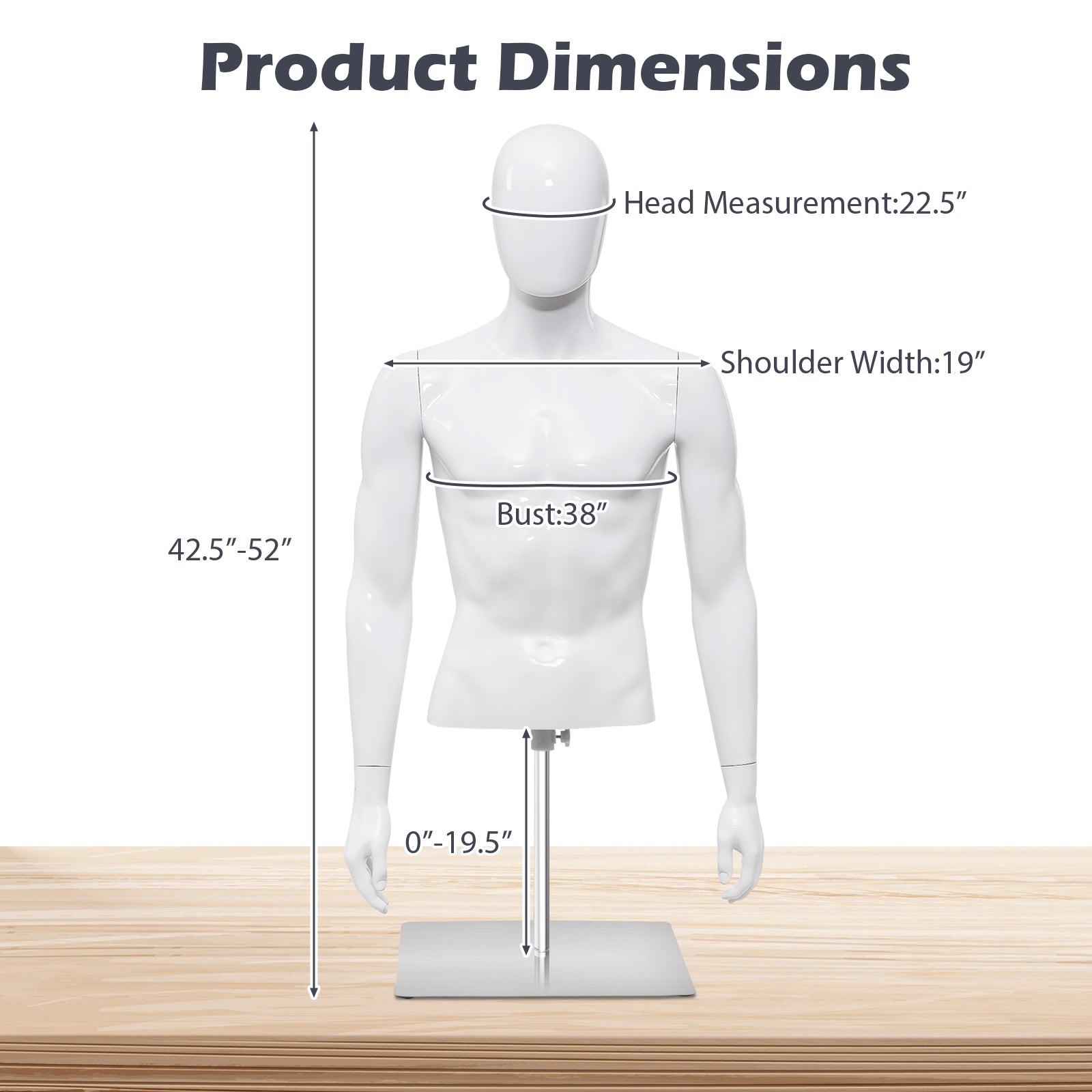 Giantex Male Mannequin Torso Adjustable Height Detachable Arms Dress Form Display w/Metal Stand, Bright White