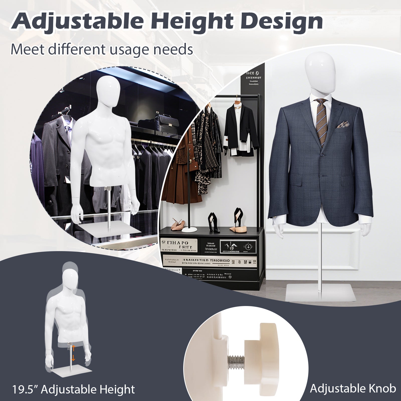Giantex Male Mannequin Torso Adjustable Height Detachable Arms Dress Form Display w/Metal Stand, Bright White