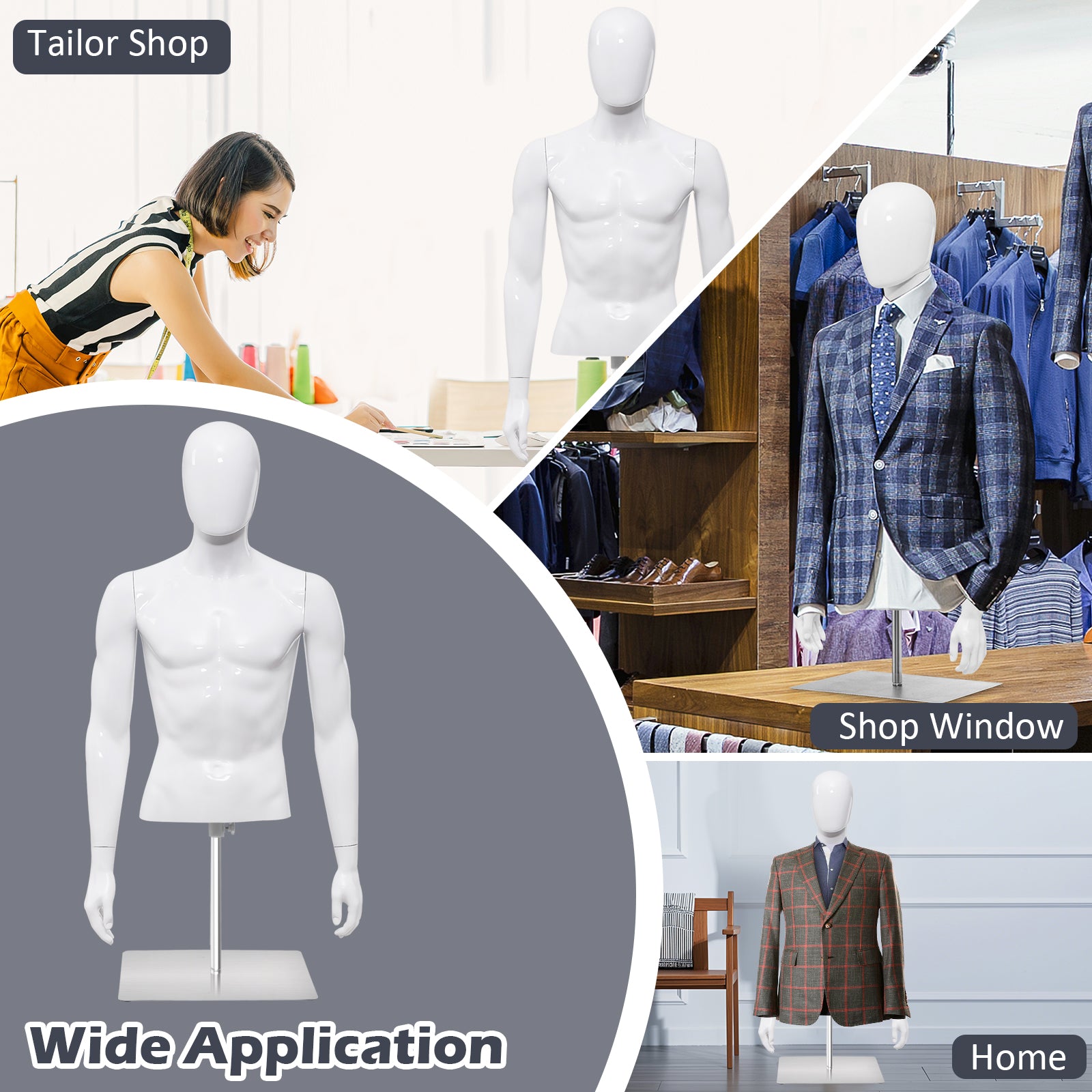 Giantex Male Mannequin Torso Adjustable Height Detachable Arms Dress Form Display w/Metal Stand, Bright White
