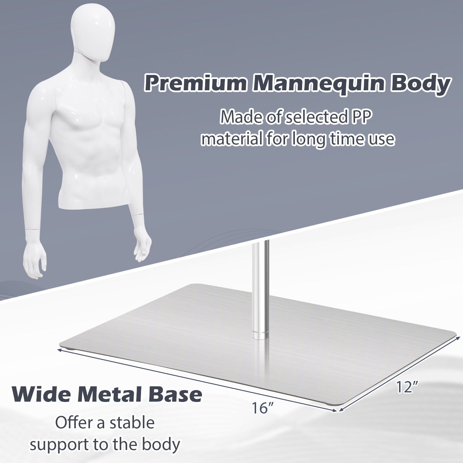 Giantex Male Mannequin Torso Adjustable Height Detachable Arms Dress Form Display w/Metal Stand, Bright White