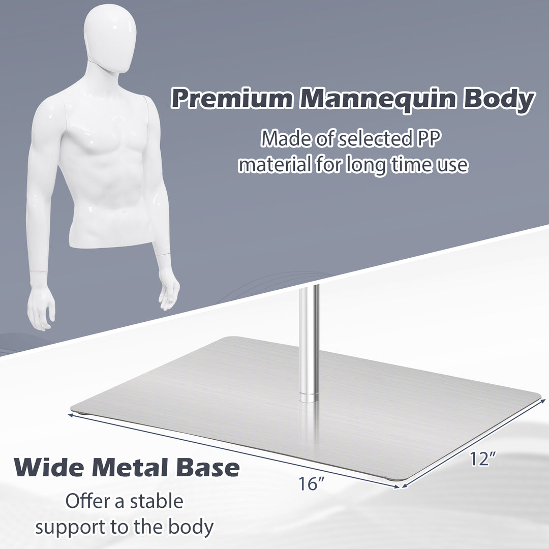 Giantex Male Mannequin Torso Adjustable Height Detachable Arms Dress Form Display w/Metal Stand, Bright White