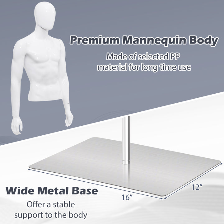 Giantex Male Mannequin Torso Adjustable Height Detachable Arms Dress Form Display w/Metal Stand, Bright White