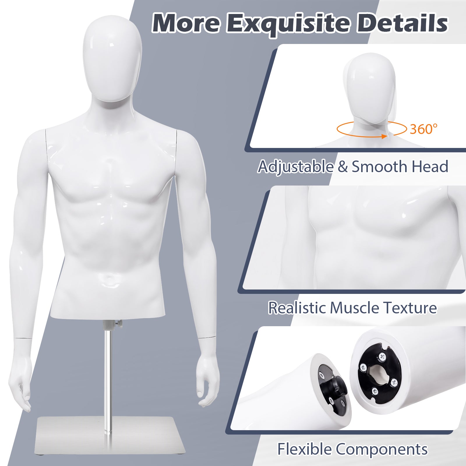 Giantex Male Mannequin Torso Adjustable Height Detachable Arms Dress Form Display w/Metal Stand, Bright White