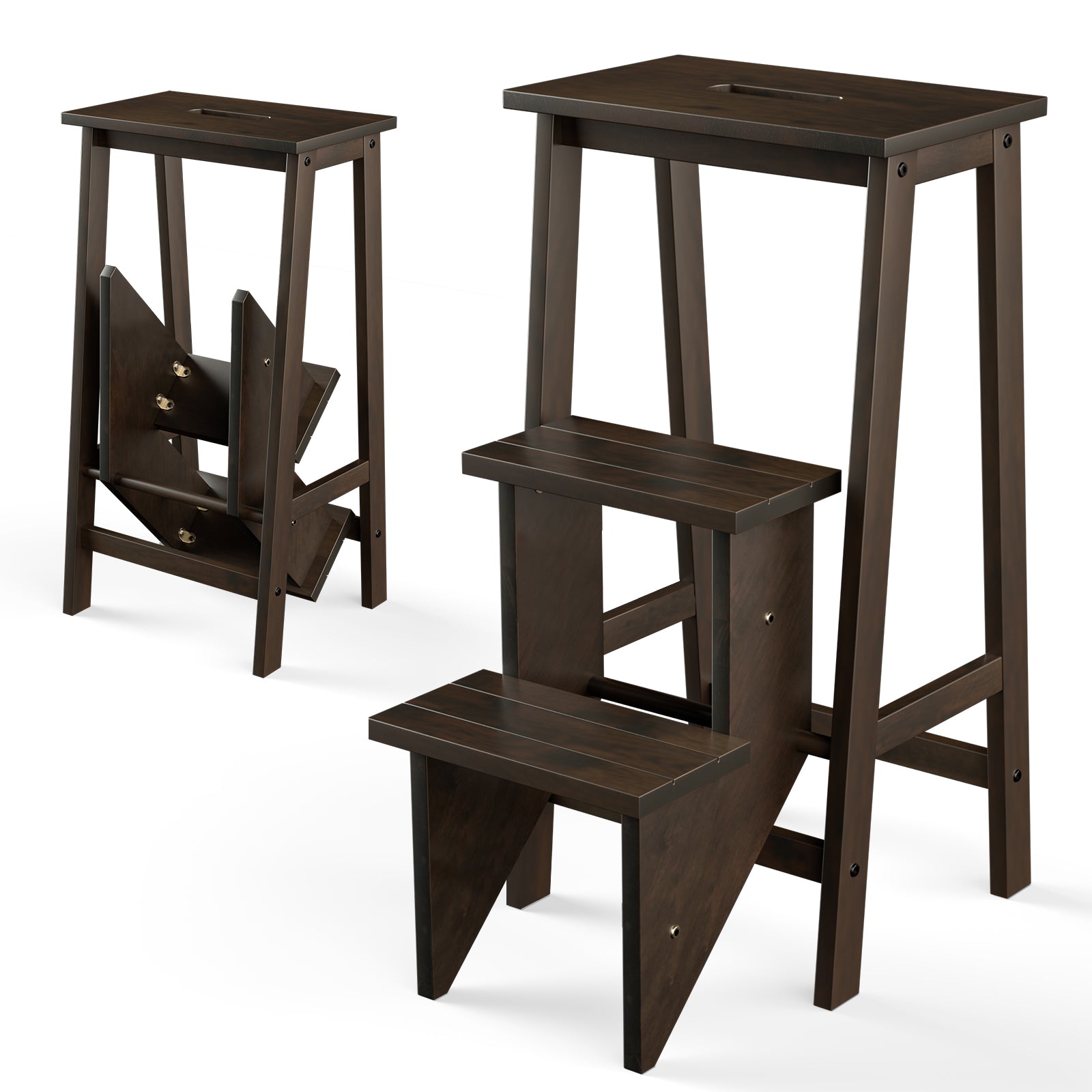 3 Tier Folding Step Ladder, Multifunction 3-in-1 Wood Step Stool