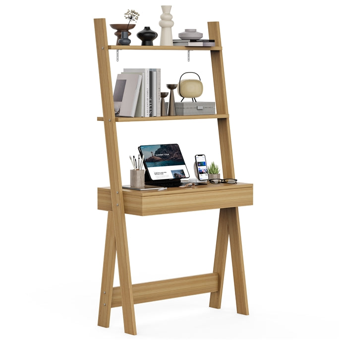 Giantex 3 Tier Ladder Desk with Drawer, 33’’ Width Ladder Shelf with Anti-tipping Device, Freestanding Bookshelf