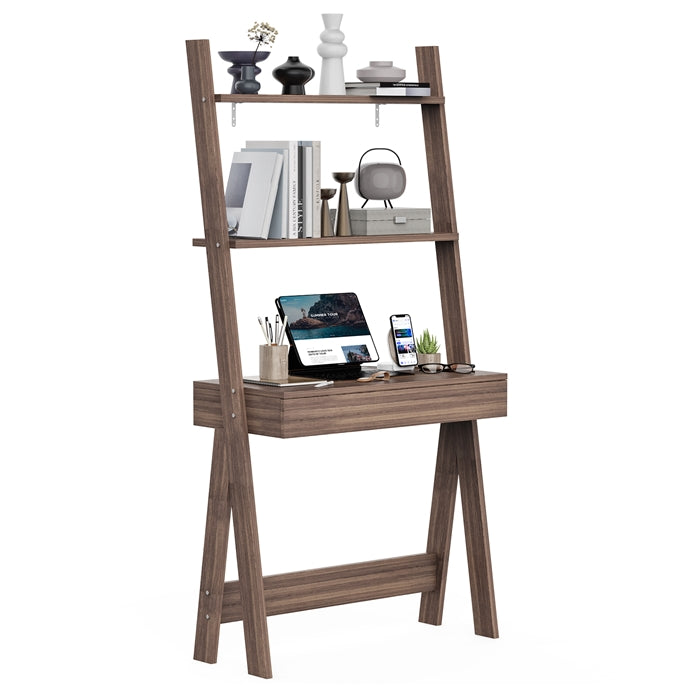 Giantex 3 Tier Ladder Desk with Drawer, 33’’ Width Ladder Shelf with Anti-tipping Device, Freestanding Bookshelf