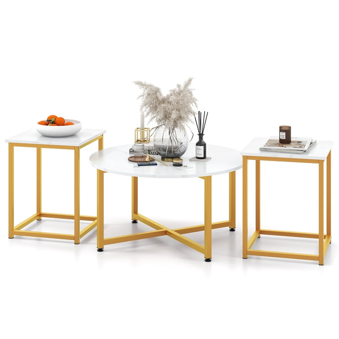 Giantex Round Nesting Table Set of 3, Farmhouse Coffee Table w/2 End Tables, Sturdy Metal Frame (Black Oak)