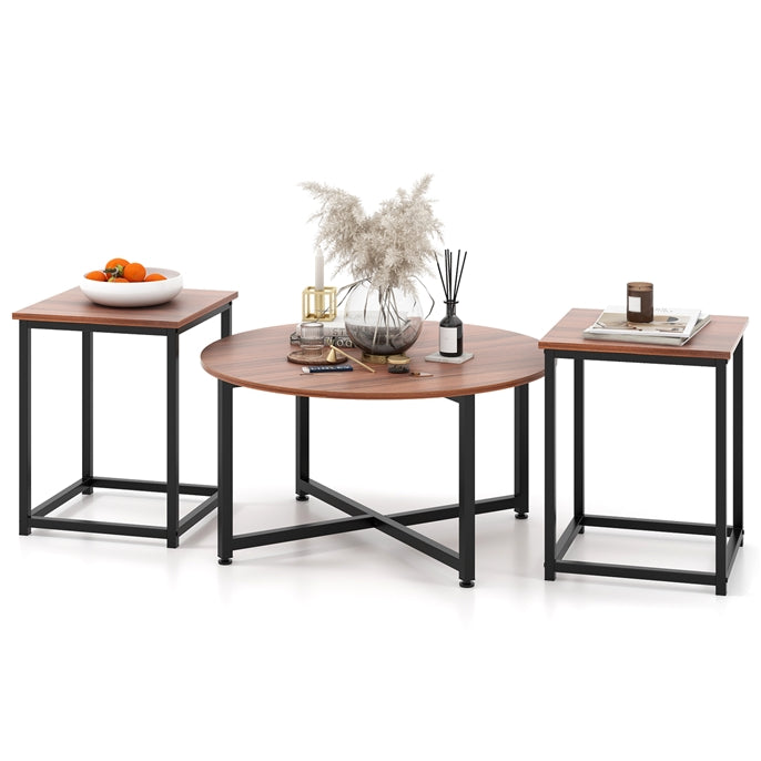 Giantex Round Nesting Table Set of 3, Farmhouse Coffee Table w/2 End Tables, Sturdy Metal Frame (Black Oak)