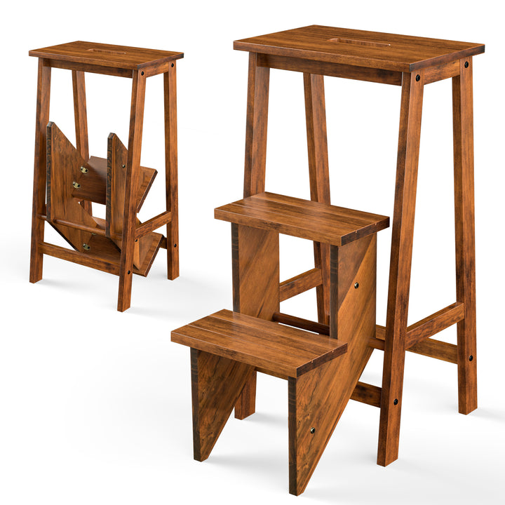 3 Tier Folding Step Ladder, Multifunction 3-in-1 Wood Step Stool