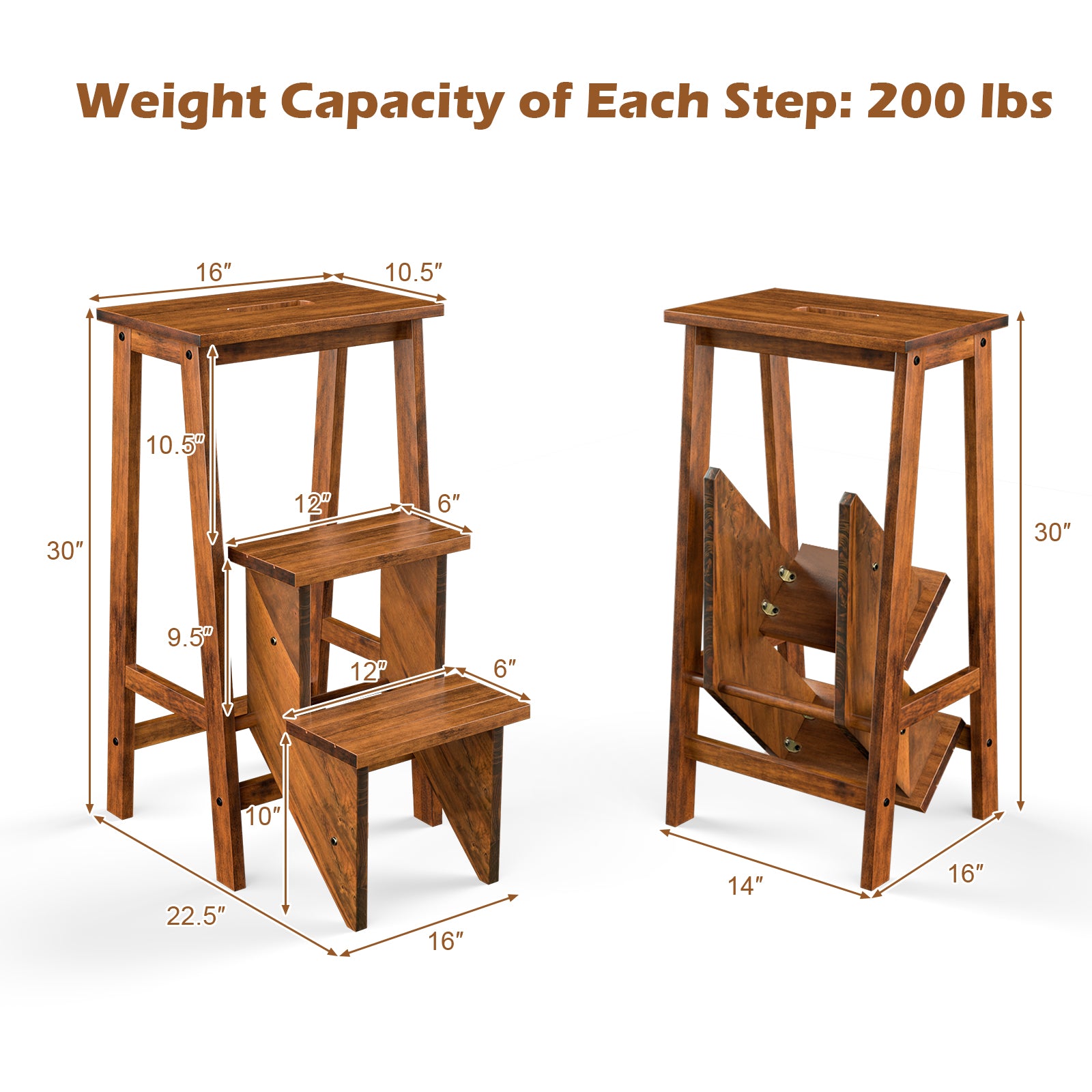 3 Tier Folding Step Ladder, Multifunction 3-in-1 Wood Step Stool