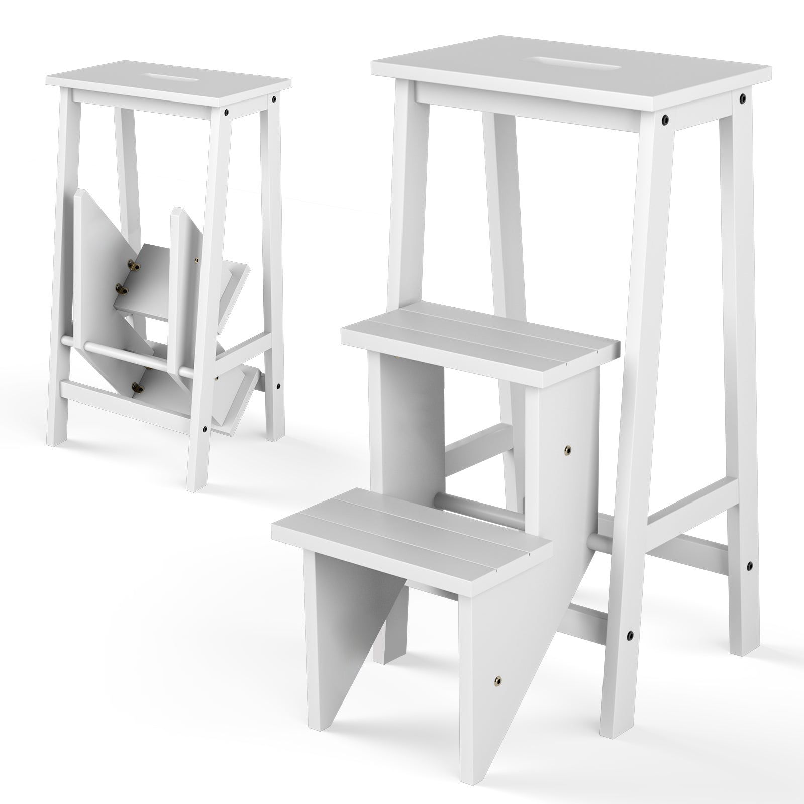 3 Tier Folding Step Ladder, Multifunction 3-in-1 Wood Step Stool