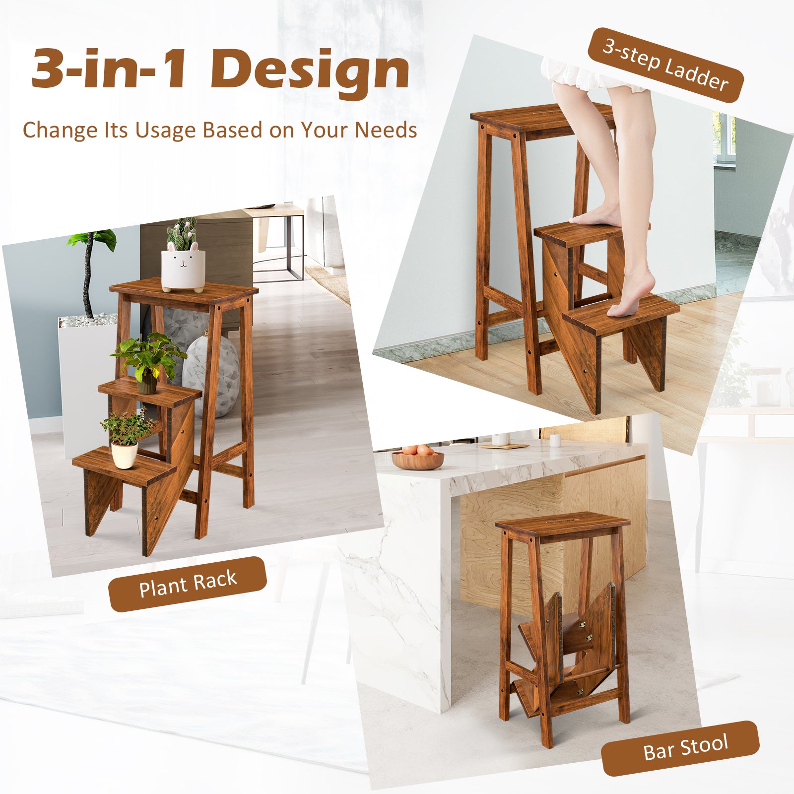 3 Tier Folding Step Ladder, Multifunction 3-in-1 Wood Step Stool