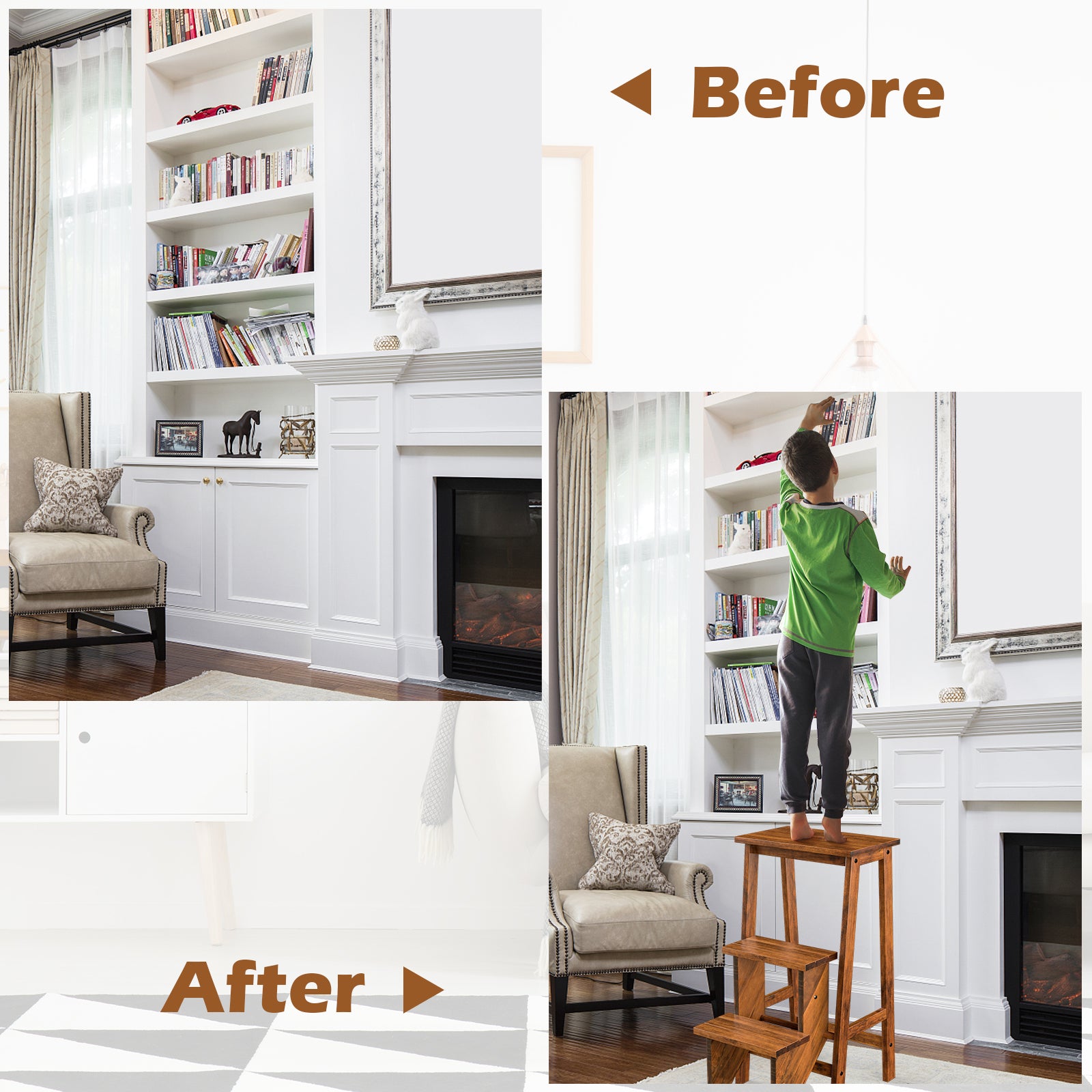 3 Tier Folding Step Ladder, Multifunction 3-in-1 Wood Step Stool