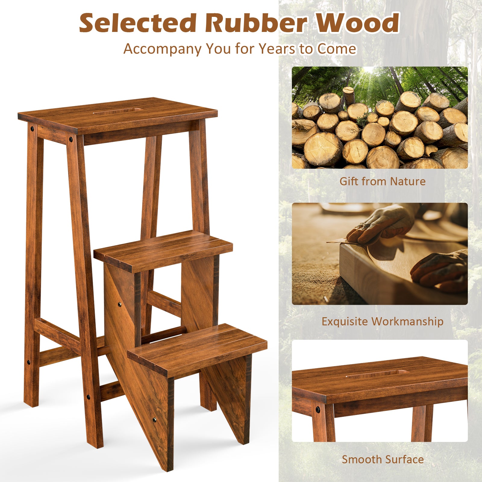 3 Tier Folding Step Ladder, Multifunction 3-in-1 Wood Step Stool