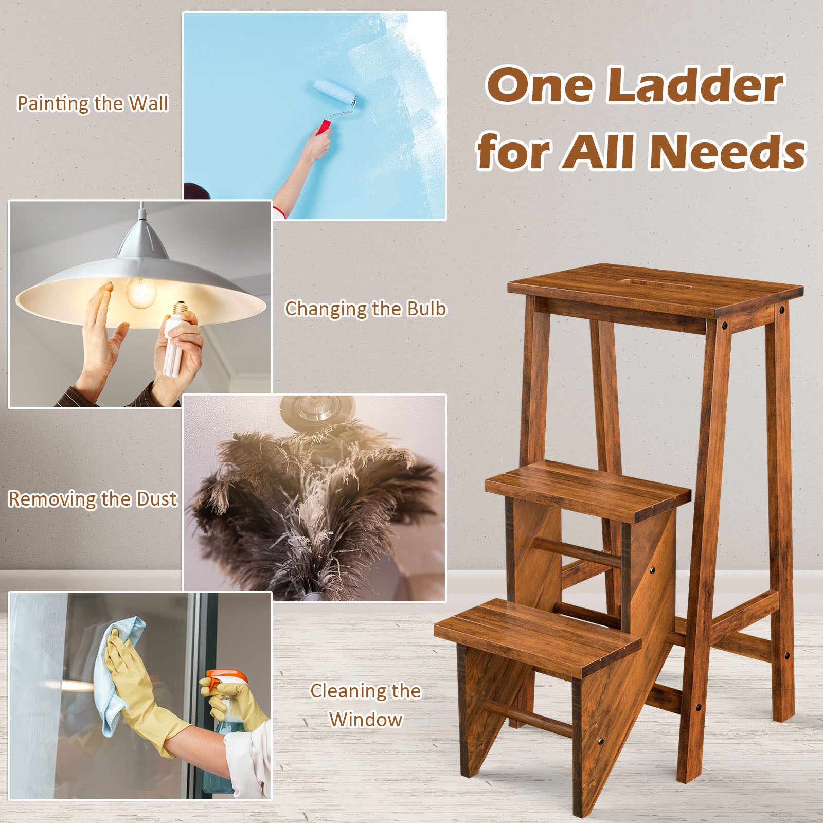 3 Tier Folding Step Ladder, Multifunction 3-in-1 Wood Step Stool