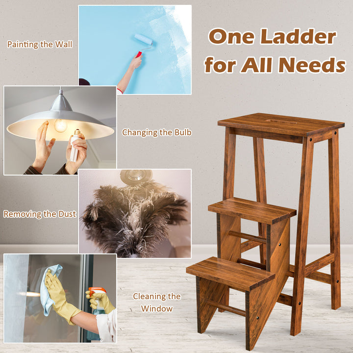 3 Tier Folding Step Ladder, Multifunction 3-in-1 Wood Step Stool