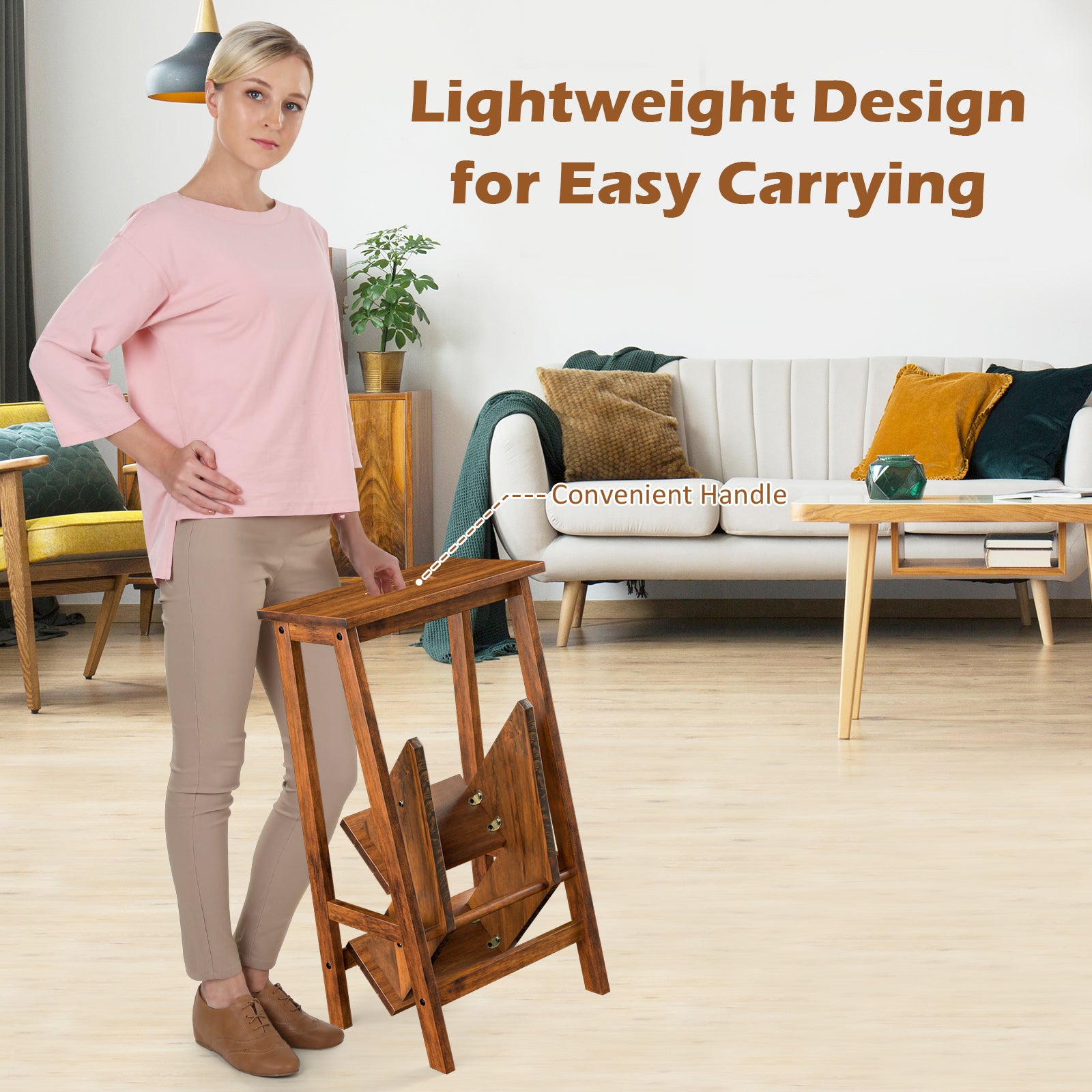 3 Tier Folding Step Ladder, Multifunction 3-in-1 Wood Step Stool