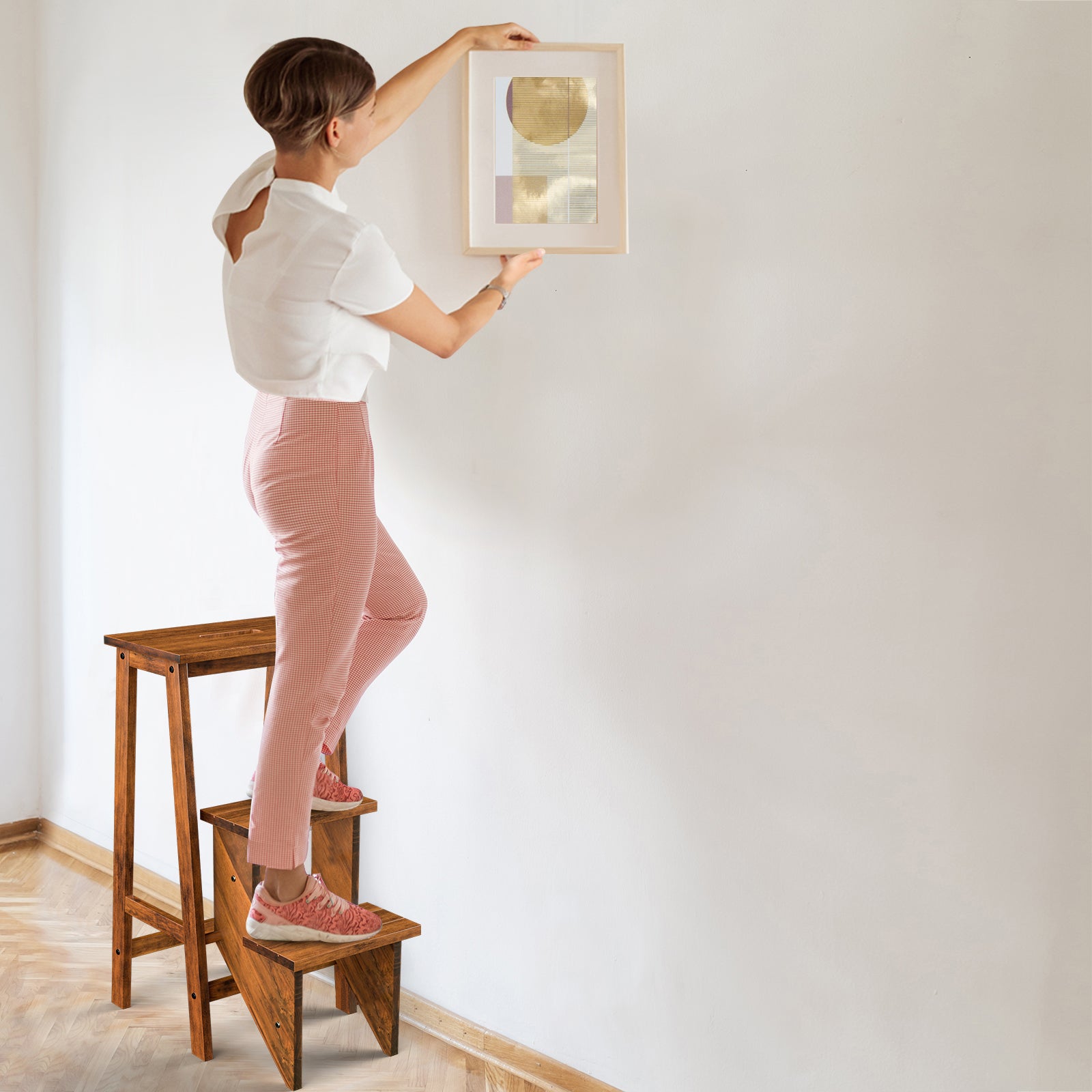 3 Tier Folding Step Ladder, Multifunction 3-in-1 Wood Step Stool