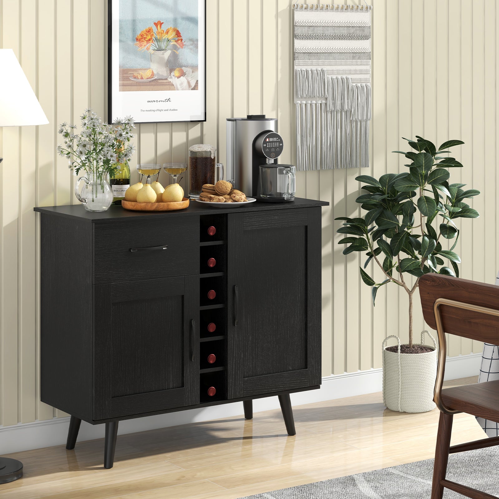 Giantex Buffet Sideboard Storage Cabinet - Wood Pantry Cupboard with 6-Bottle Wine Rack