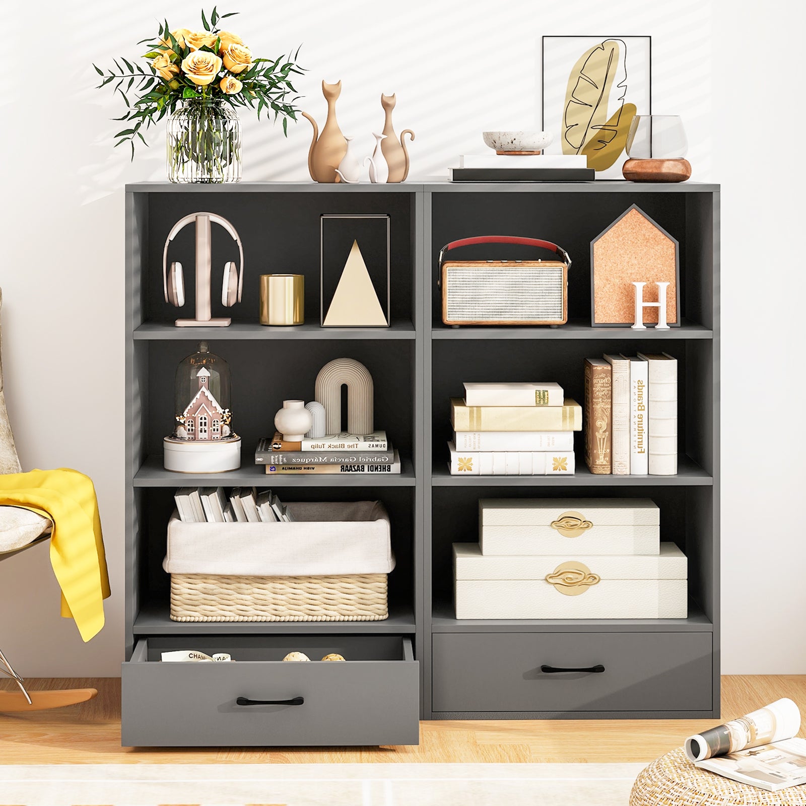 Giantex 4 Tier Bookcase with Drawer, 48" Tall Floor Standing Organizer Display Storage Shelves with Anti-toppling Device