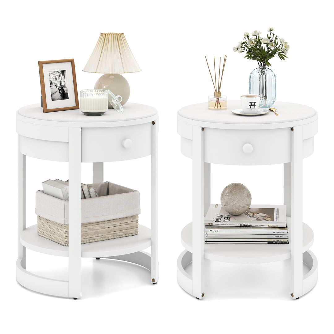Giantex Round Side Tables Set of 1/2, 2-Tier Retro End Tables with Drawer & Shelf