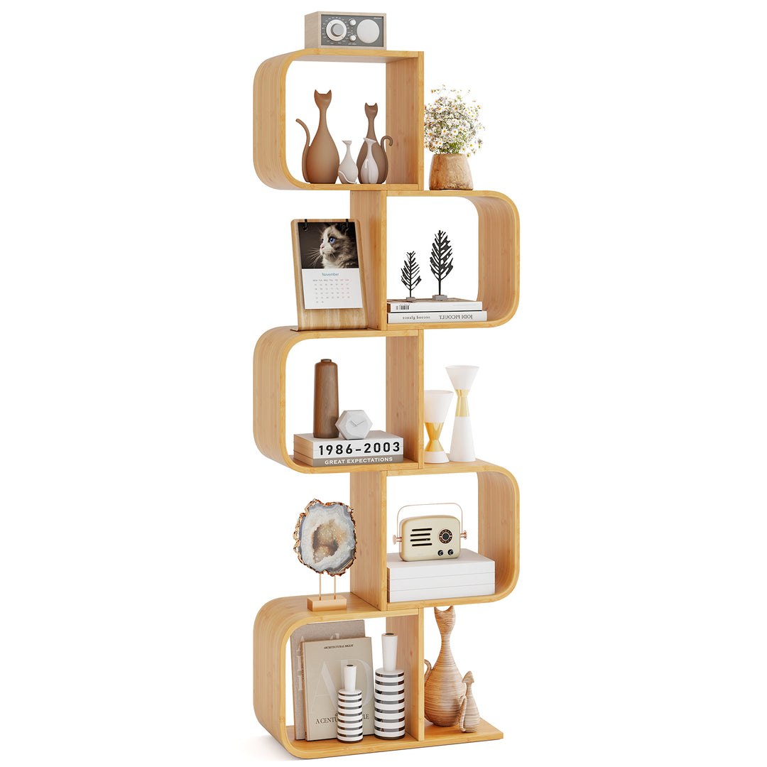 Giantex S-Shaped Bookcase, 2-Tier Bamboo Bookshelf with 2 Open Cubes, Geometric Corner Display Shelf